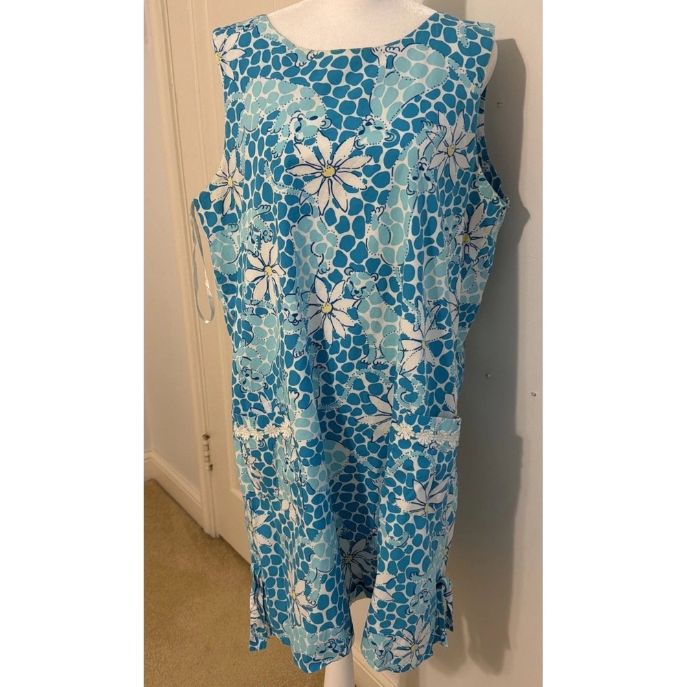 Lilly Pulitzer Leopard Lounge Daisy print Shift Dress 16 lion Blue Teal Pockets